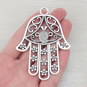 Set of 3 Antique Silver Large Hamsa Hand Filigree Charms 85x62mm