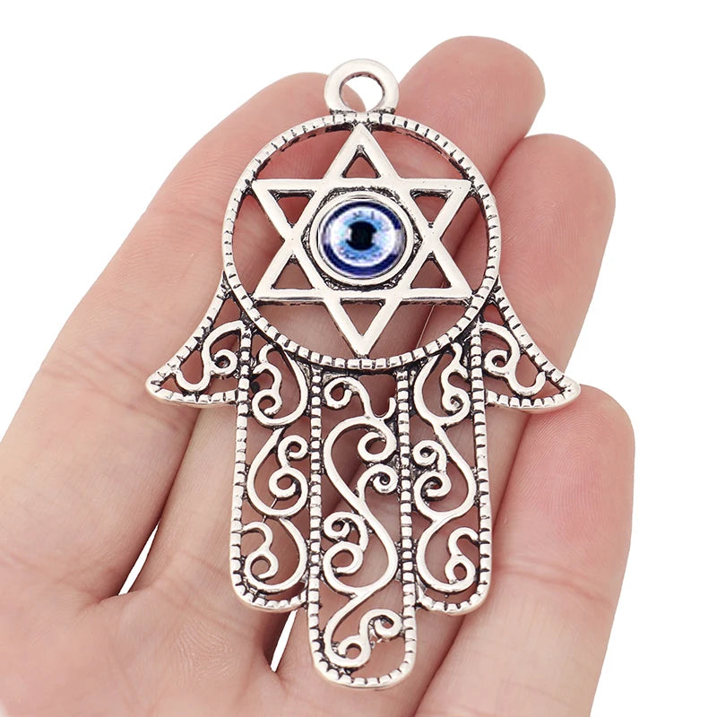 Large Tibetan Silver Evil Eye Hamsa Hand Charms Pendants