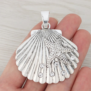 3 x Silver Large Rhinestone Shell Starfish Charms 65x52mm