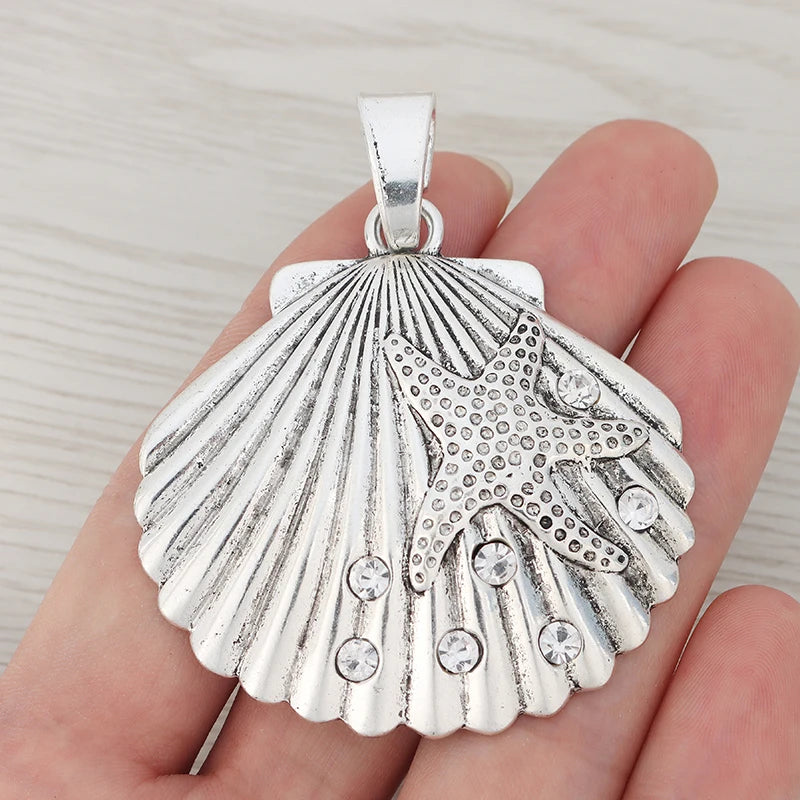 3 x Silver Large Rhinestone Shell Starfish Charms 65x52mm
