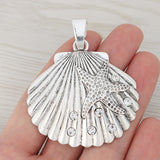 3 x Silver Large Rhinestone Shell Starfish Charms 65x52mm