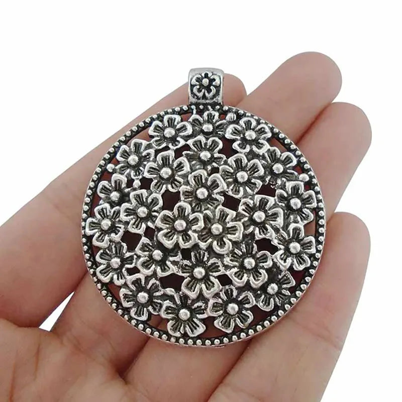 3 Tibetan Silver Flower Charms Pendants for Necklace Making 52x45mm