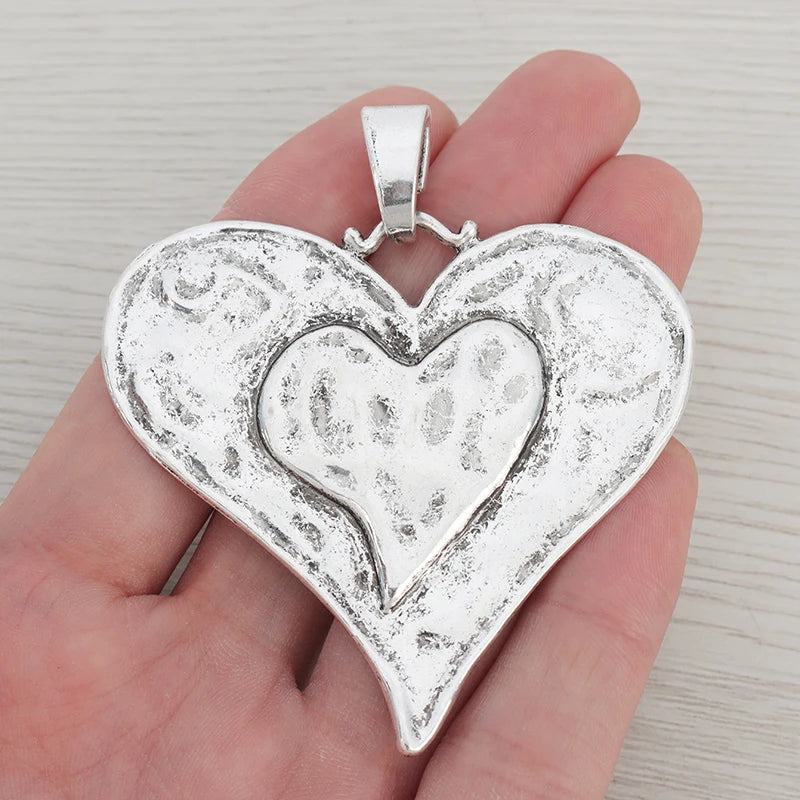 3 Tibetan Silver Large Hammered Heart Charms Pendants 65x62mm