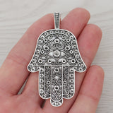 3 Tibetan Silver Large Hamsa Hand Charms for Necklaces 70x40mm