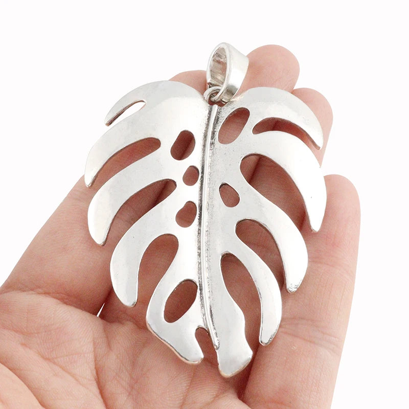 3 Tibetan Silver Large Monstera Leaf Charms Pendants for Jewelry Making 53x80mm
