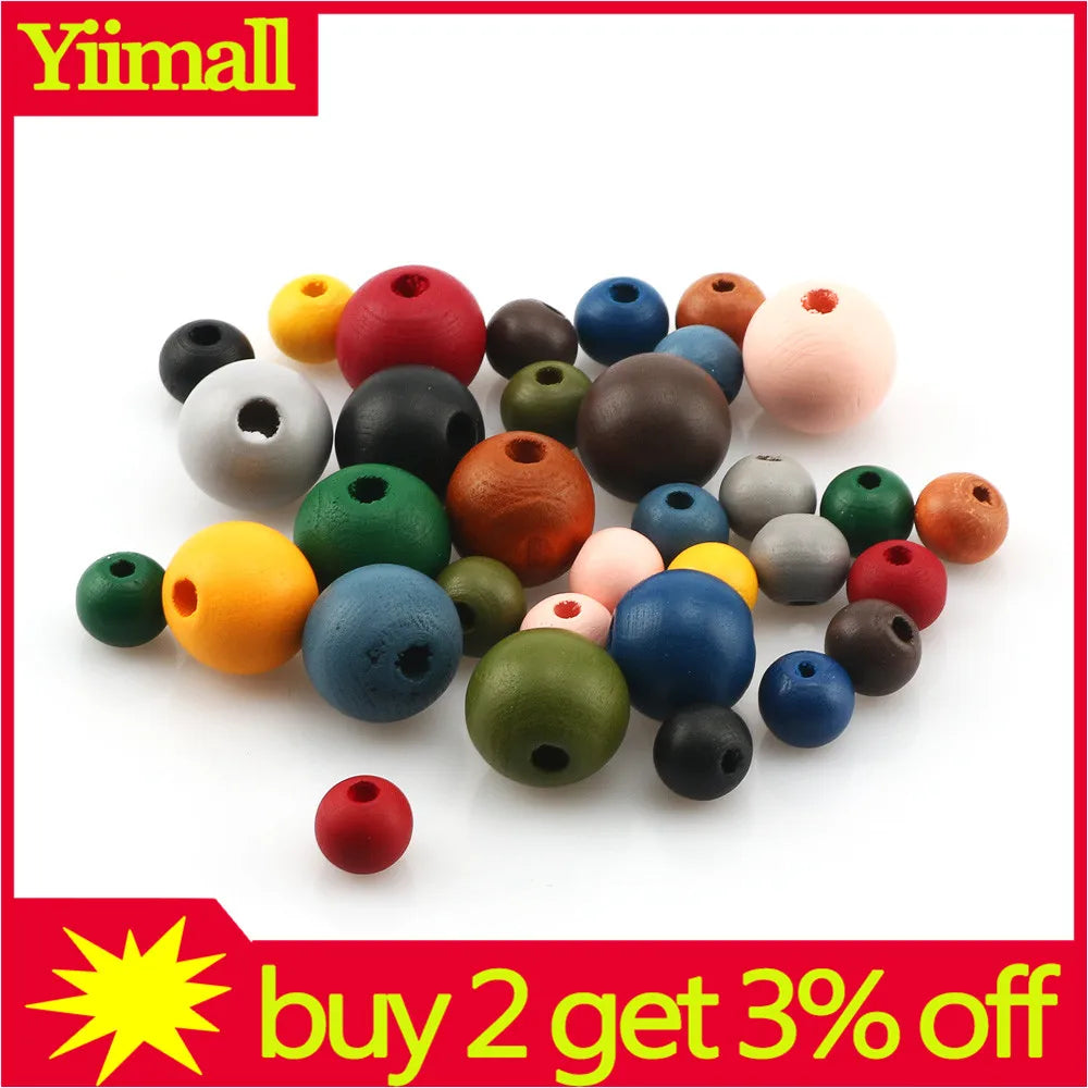 100Pcs 10/15mm Round Wooden Beads Multicolor Spacer Beads DIY Jewelry Making