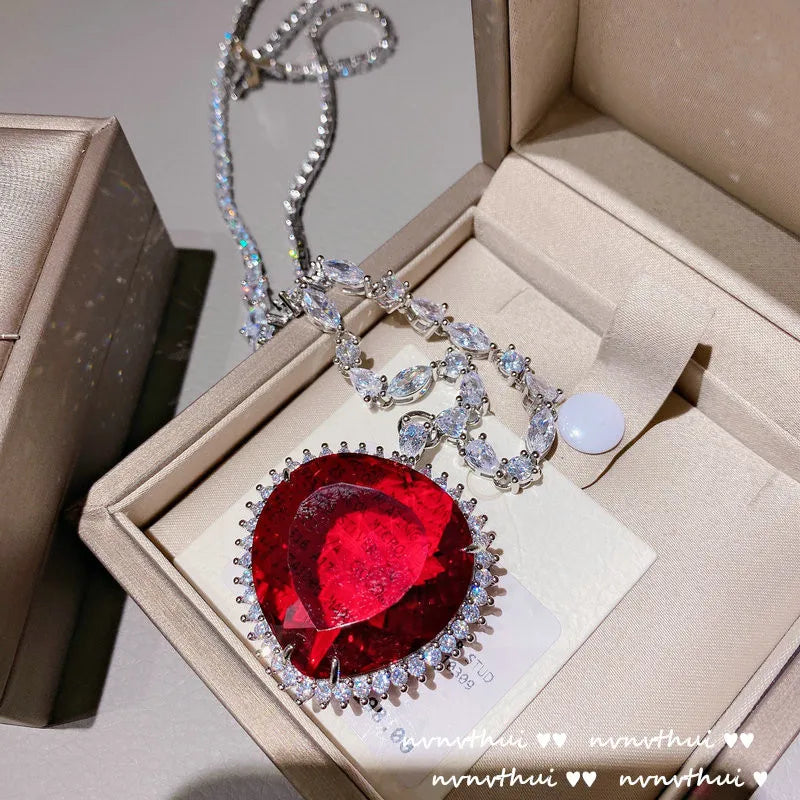 Huge Red CZ Heart of the Sea Pendant Necklace 925 Silver Micro CZ
