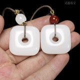 Natural Jade Square Pendant Rope Chain Hetian Nephrite Charms Necklace