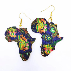 African Map Drop Earrings Women Wooden Asymmetrical Earring