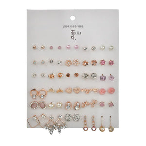 30 Pairs Women's Earrings Set Geometric Crystal Heart Beaded Stud Earrings