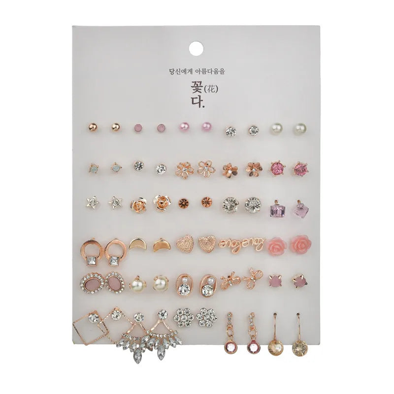 30 Pairs Women's Earrings Set Geometric Crystal Heart Beaded Stud Earrings