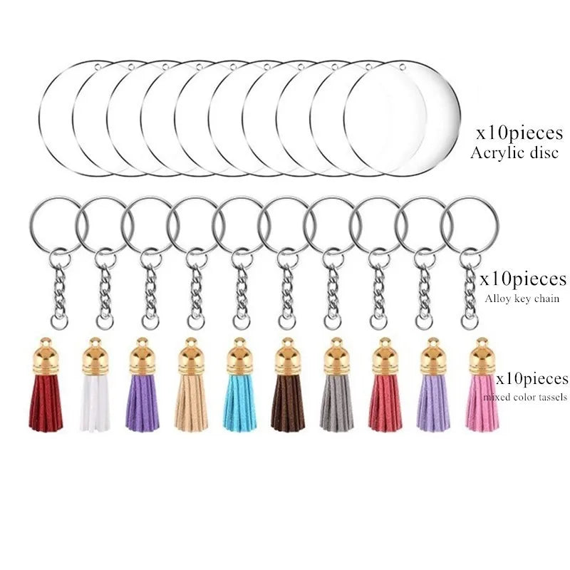 30 Pcs Circle Acrylic Discs Keychain Blank Clear DIY Set with Tassels Keyring