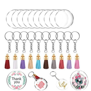 30 Pcs Circle Acrylic Discs Keychain Blank Clear DIY Set with Tassels Keyring