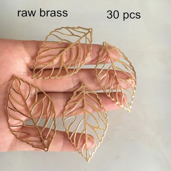 30 Pcs Raw Brass Leaf Charms 30*53mm Hollow Out Leaf Jewelry Findings