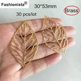 30 Pcs Raw Brass Leaf Charms 30*53mm Hollow Out Leaf Jewelry Findings