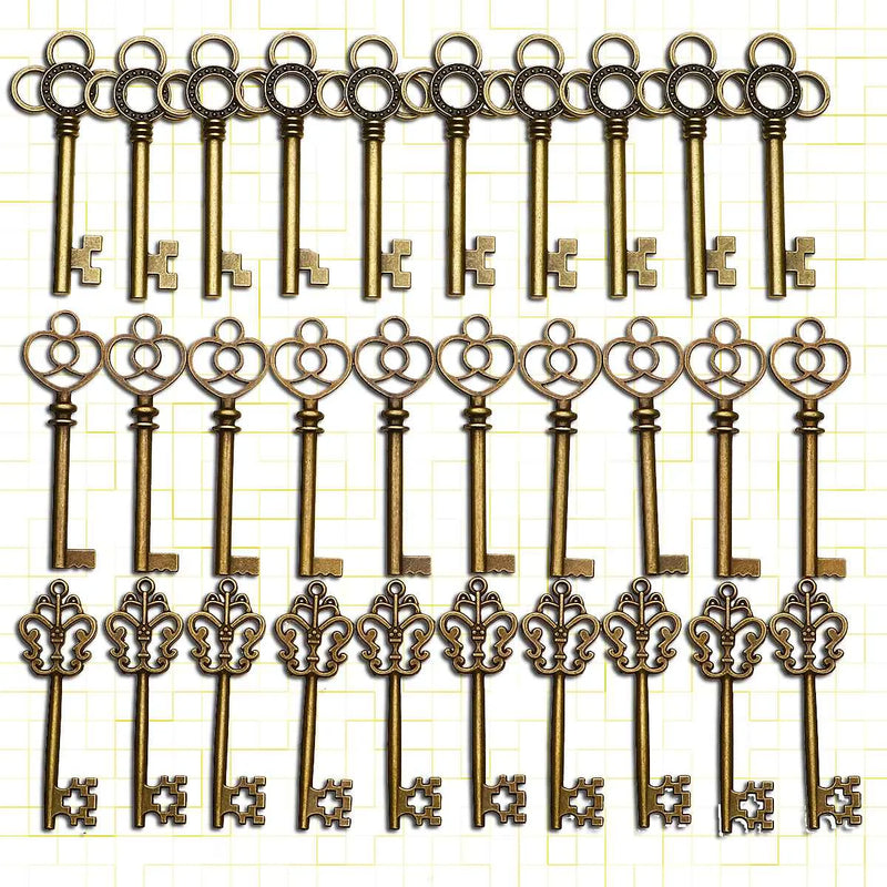30 Pcs Small Bronze Key Charms Mixed Pendant Vintage Metal Zinc Alloy