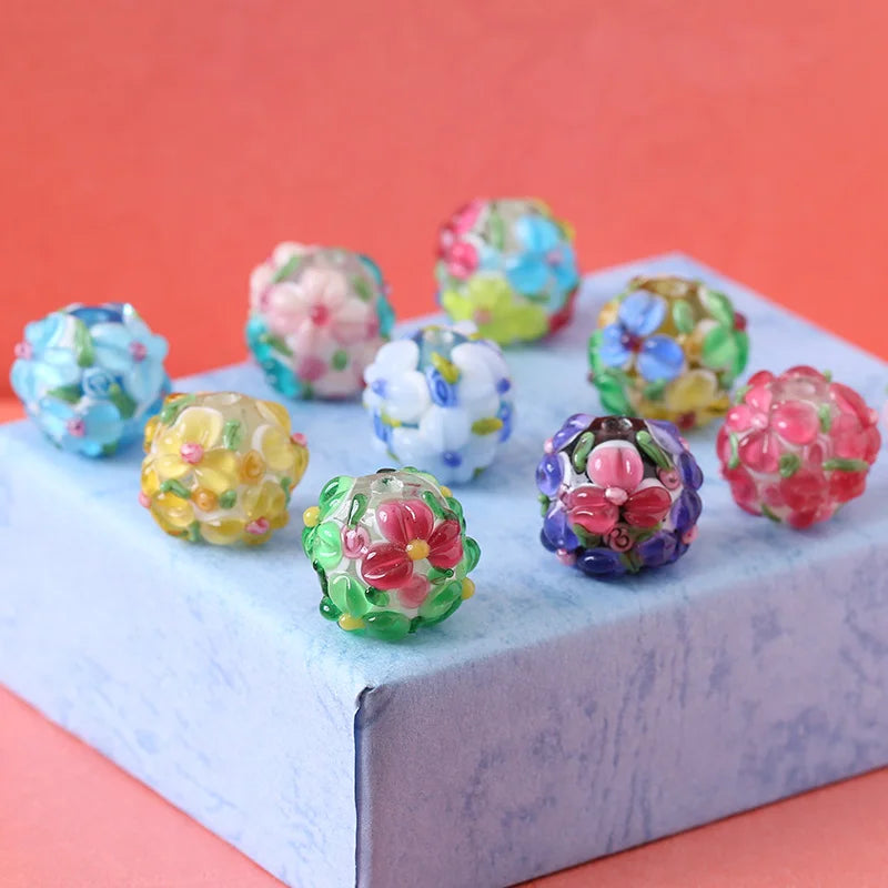 30 3D Multicolor Lampwork Glass Encased Floral Beads for Diy Bracelet Jewelry