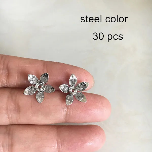 30 pcs -13mm Brass Flower Charms Bead Caps, Double Layer Metal Flowers