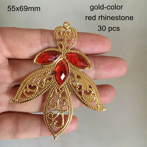 30 Large Filigree Leaf Charms With Rhinestone, 55x69mm, Gold/Steel