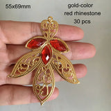 30 Large Filigree Leaf Charms With Rhinestone, 55x69mm, Gold/Steel