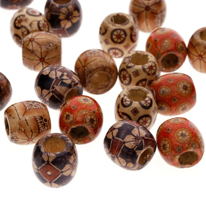 300Pcs 10mm Mixed Pattern Wooden Beads for Jewelry Making Hair Craft