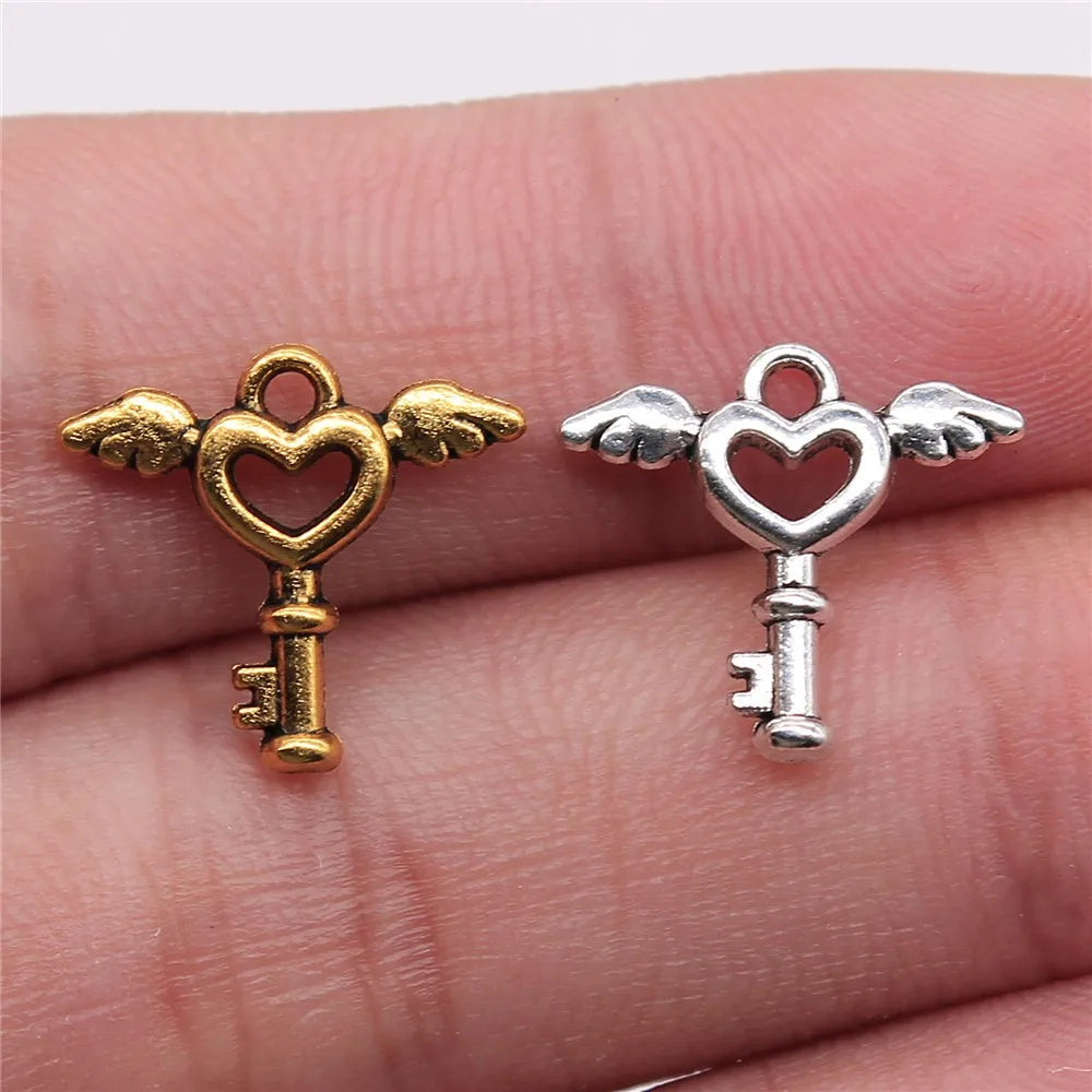 300pcs 15x14mm Antique Silver Angel Wings Key Heart Charm Pendant