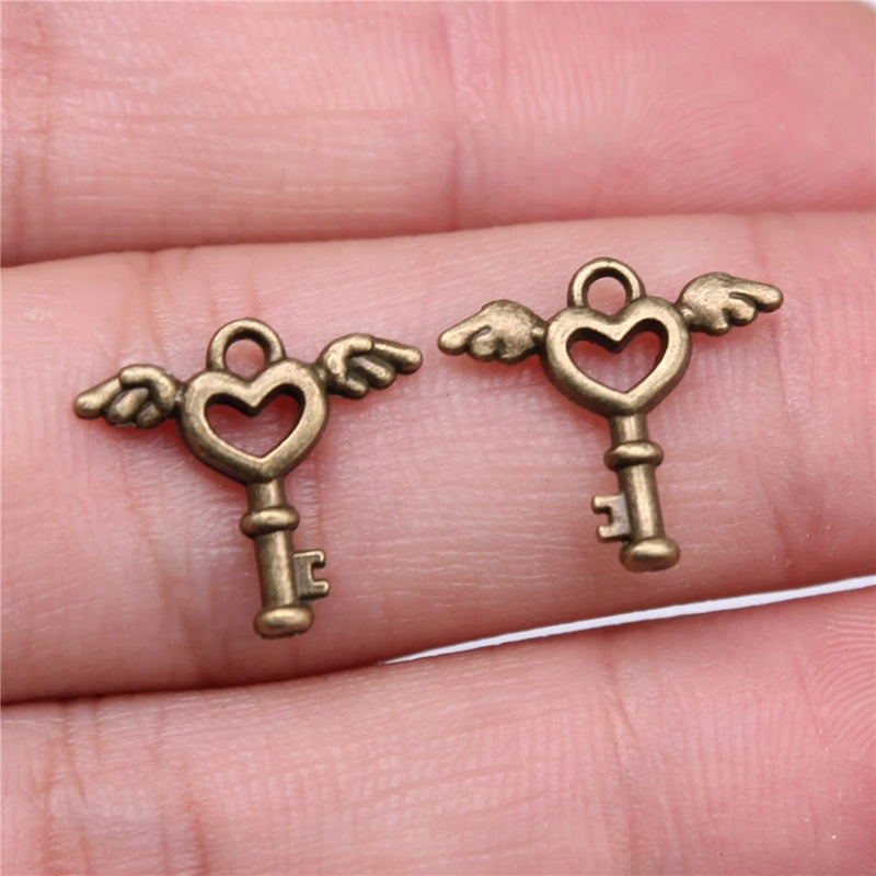 300pcs 15x14mm Antique Silver Angel Wings Key Heart Charm Pendant