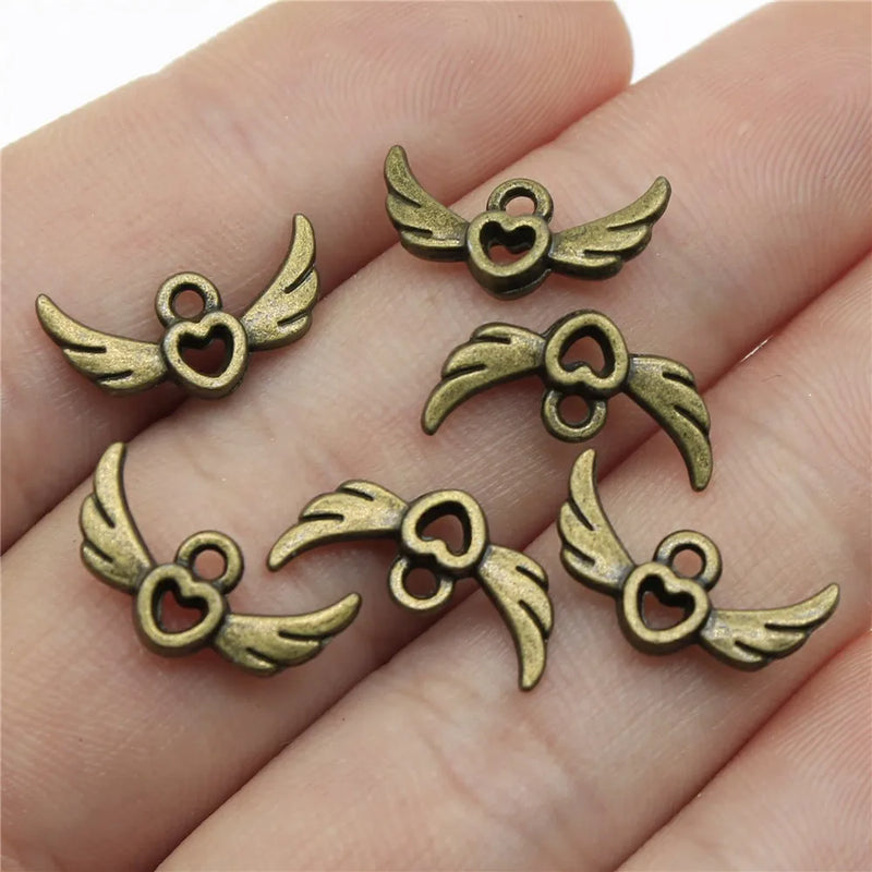 300pcs Angel Wings Heart Charm DIY Jewelry Making Antique Bronze