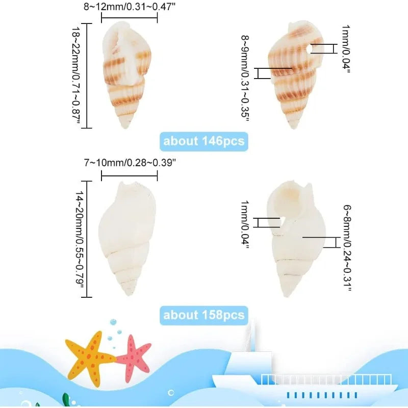 300pcs Seashell Beads 2 Styles Ocean Beach Spiral Shells Craft Charms 1mm Hole