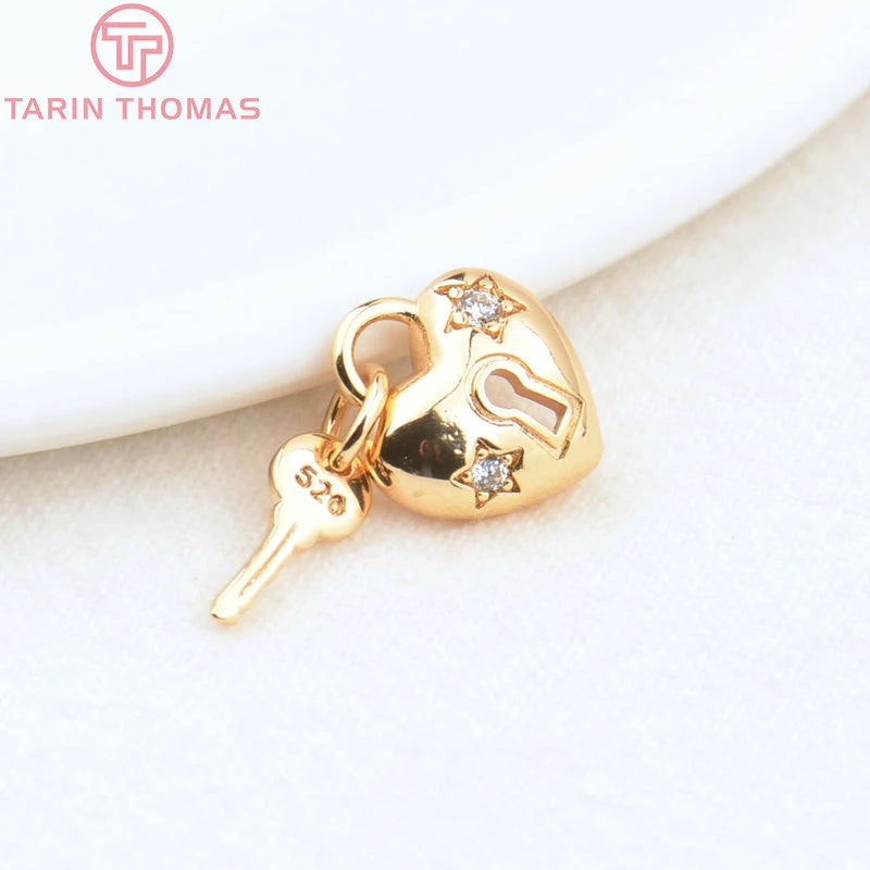 4PCS 10.5x12MM 24K Brass Zircon Lock Key Pendant Charms DIY Jewelry Findings