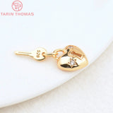 4PCS 10.5x12MM 24K Brass Zircon Lock Key Pendant Charms DIY Jewelry Findings