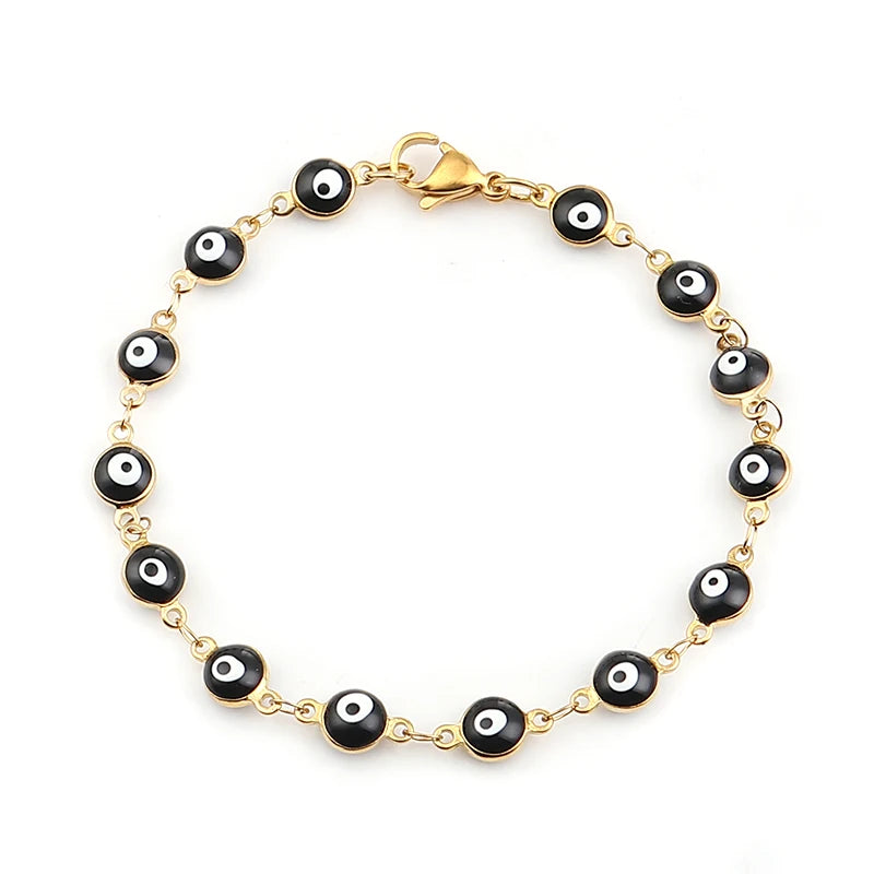 304 SS Evil Eye Enamel Bracelet Multicolor Link Chain 19.2cm