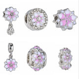 30PCS Pink Enamle Rhinestone Lily Magnolia Flower Alloy Metal Beads