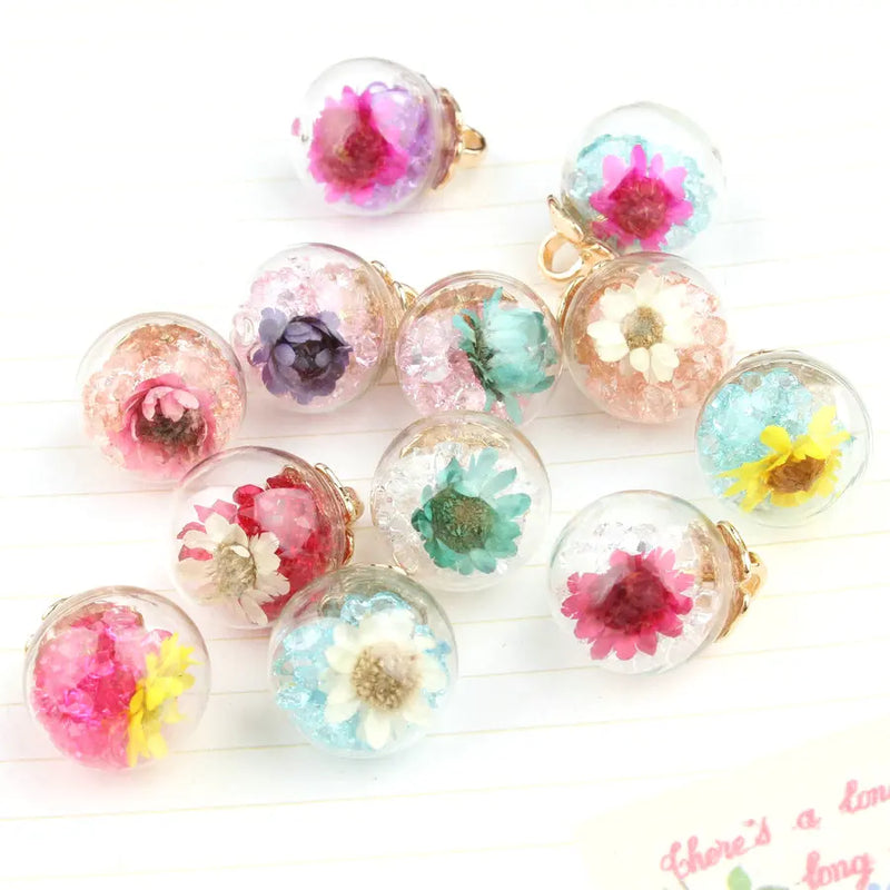 30PCS/Lot Clear Glass Ball Charms with Crystal Seed Beads Dry Flowers