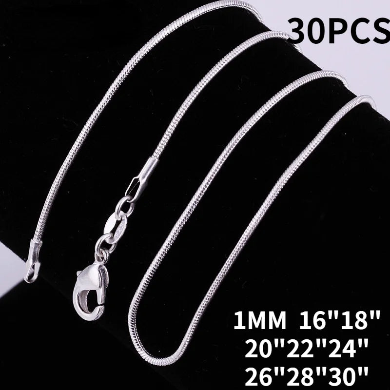 30PCS/lot 925 Stamp Silver 1MM Snake Chains Necklaces Wedding Jewelry Set