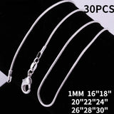 30PCS/lot 925 Stamp Silver 1MM Snake Chains Necklaces Wedding Jewelry Set
