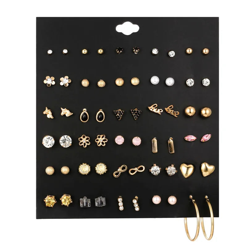 Resin Flowers Pearl Moon Heart Star Stud Earrings Set