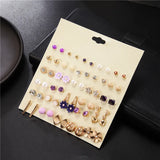 30 Pairs Women Crystal Stud Earrings Set Heart Tower Flowers Arrow Pearl Beads