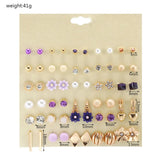 30 Pairs Women Crystal Stud Earrings Set Heart Tower Flowers Arrow Pearl Beads