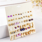 30 Pairs Women Crystal Stud Earrings Set Heart Tower Flowers Arrow Pearl Beads
