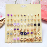 30 Pairs Women Crystal Stud Earrings Set Heart Tower Flowers Arrow Pearl Beads