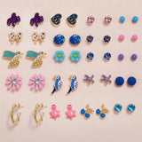 30 Pairs Women Crystal Stud Earrings Set Heart Tower Flowers Arrow Pearl Beads