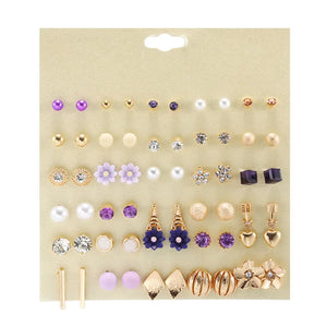 30 Pairs Women Crystal Stud Earrings Set Heart Tower Flowers Arrow Pearl Beads