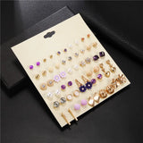 30 Pairs Women Crystal Stud Earrings Set Heart Tower Flowers Arrow Pearl Beads