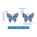 30Pcs 5-Color Butterfly Charms Resin Rhinestone Mixed 12x14mm