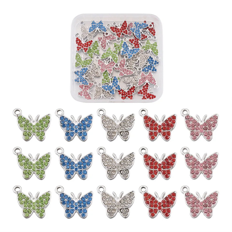 30Pcs 5-Color Butterfly Charms Resin Rhinestone Mixed 12x14mm
