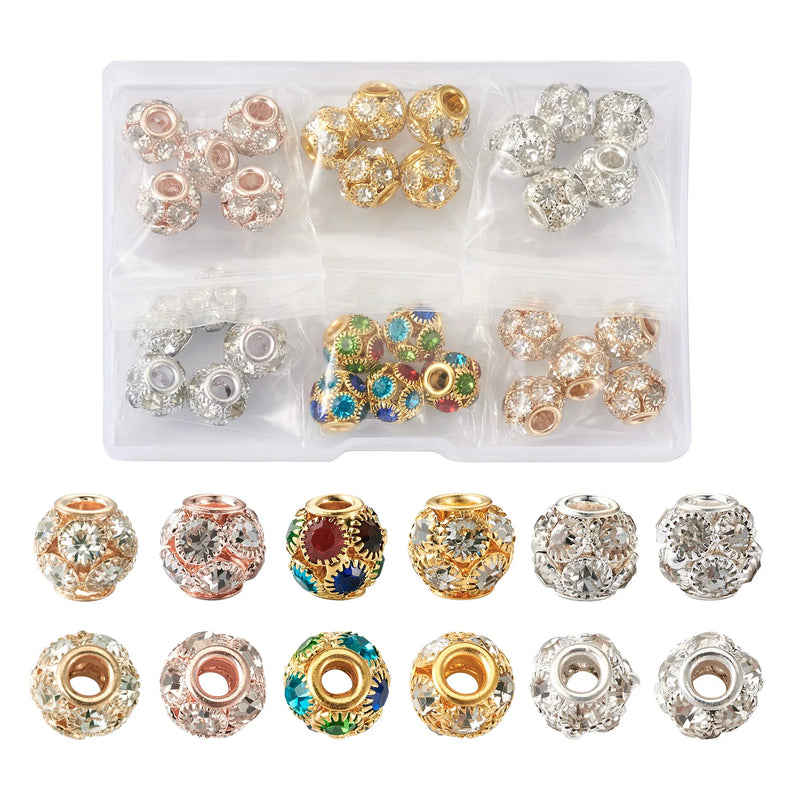 30Pcs Mixed Colors Brass Beads with Rhinestone Crystal Rondelle