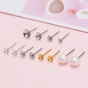 30Pcs Brass 18K Plated Post Earring Pin Pad 3/4/5/6mm Cup w/Peg