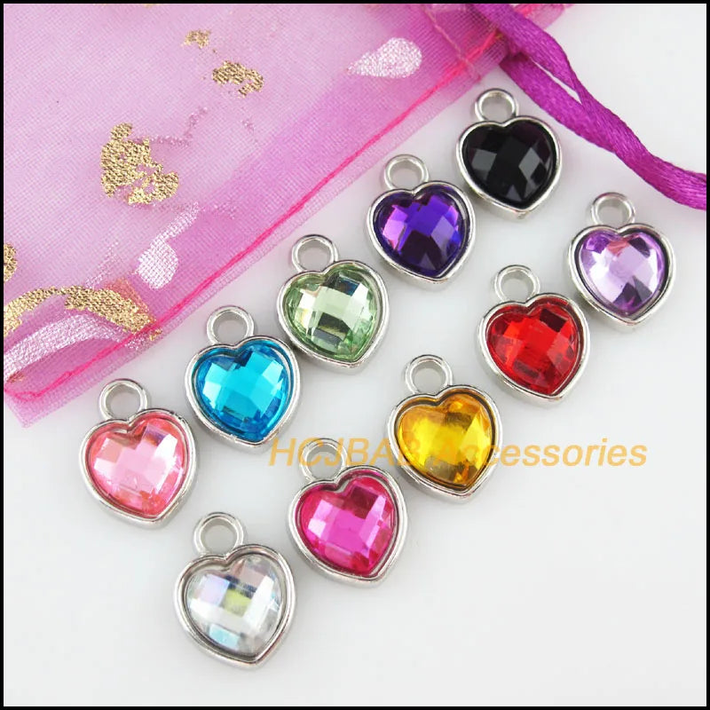 30Pcs Silver Plated Acrylic Heart Charms 12.5x16.5mm