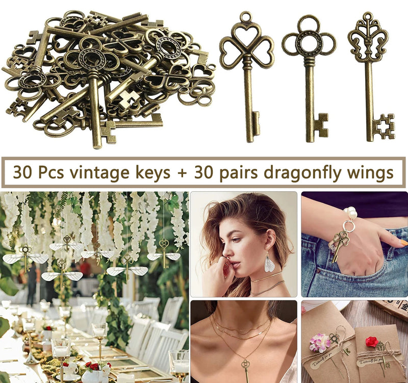 30Pcs Flying Keys Dragonfly Wing Charms Vintage Bronze Skeleton Key